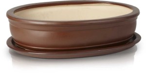 Brązowa doniczka z podstawką ceramiczna • niska misa na bonsai i rośliny cebulowe Polnix 50cm