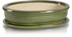 Zielona doniczka z podstawką ceramiczna • niska misa na bonsai i rośliny cebulowe Polnix 25cm
