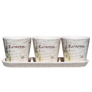 Trzy doniczki ceramiczne z podstawką Polnix komplet Lavender lawenda