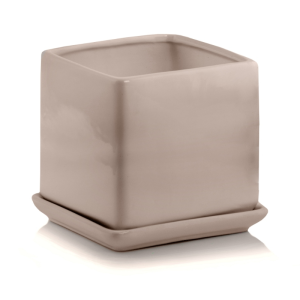 Szarobeżowa doniczka ceramiczna z podstawką 17 cm Polnix 05.366 kwadratowa