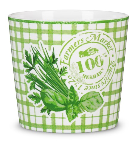 Osłonka ceramiczna Scheurich na doniczkę z ziołami Farmers Herbs zielona kratka.jpg